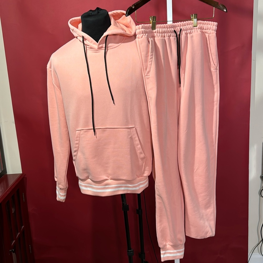 Shein Men's Striped Kangaroo Pocket Drawstring Hoodie Salmon Pink Size Small
